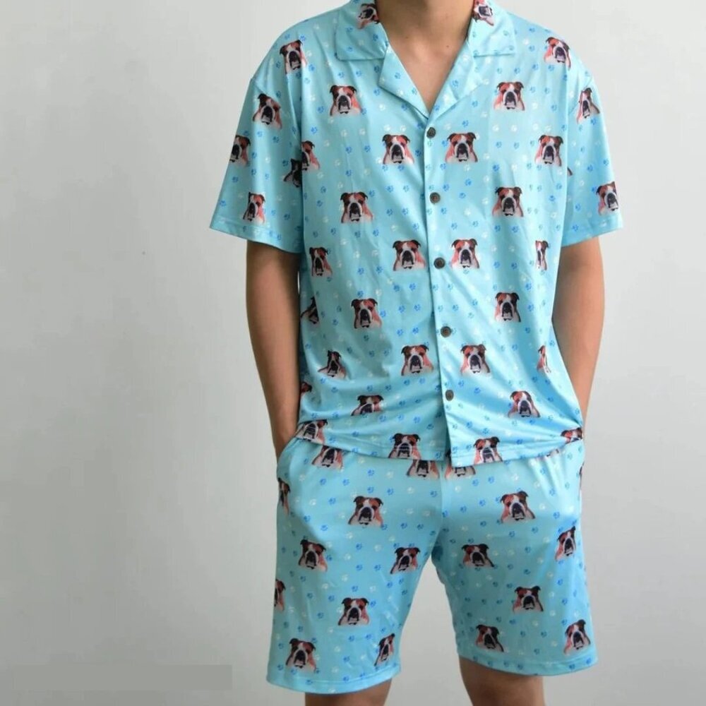 2/$30 Mens Spaniel Dog Print Pajama Set Button-Down Shirt Shorts Blue M #9427